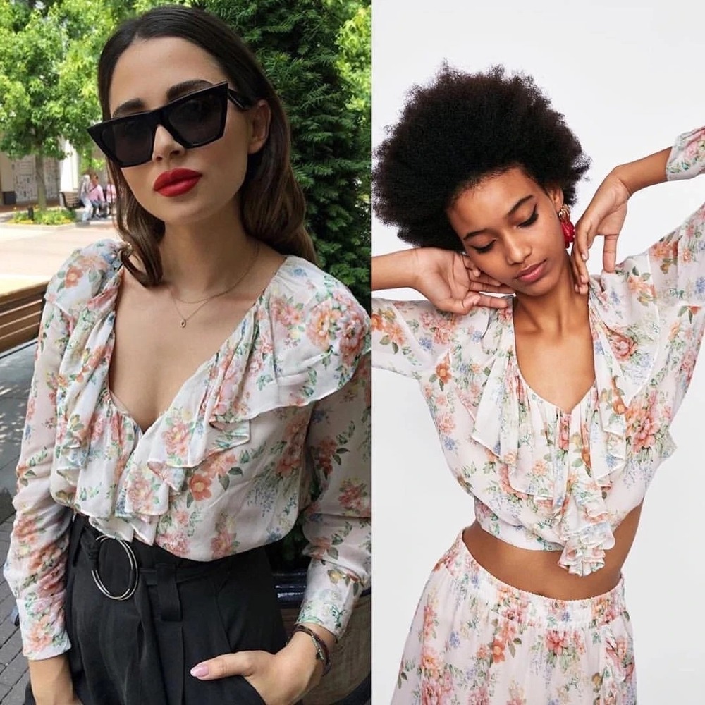 Zara Floral V-neck‎ Ruffle Blouse Cropped Size Small Aso Rare Bloggers Fav